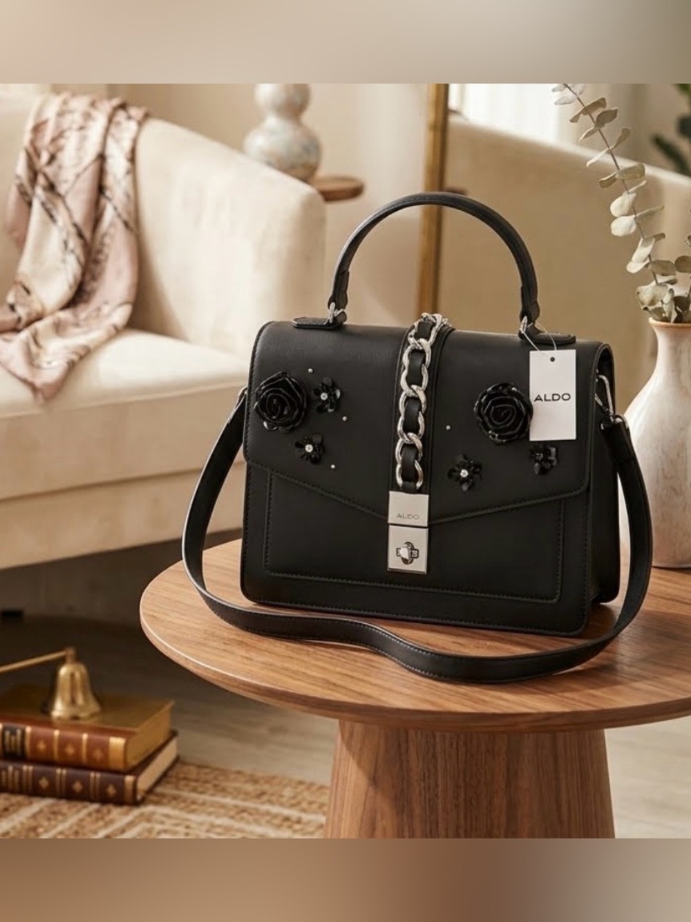Aldo Black Floral-Embellished Chain-Accent Satchel